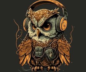 Brown owl wearing headphones cartoon vector