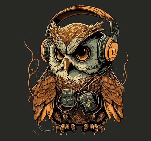 Brown owl wearing headphones cartoon vector