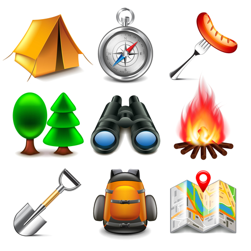 Camping icons realistic vector