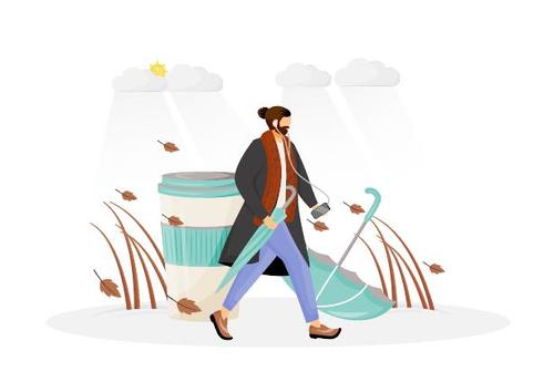 Cartoon illustration vector of men walking and listening to music