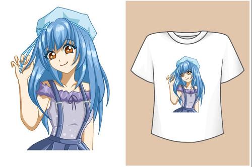 Cute girl blue hair t shirt vector
