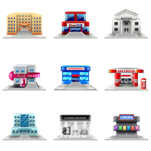 Infrastructure buildings icons realistic vector