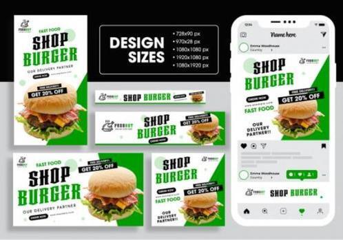 Shop burger web banner ads set vector