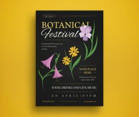 Black flat design botanical festival flyer vector