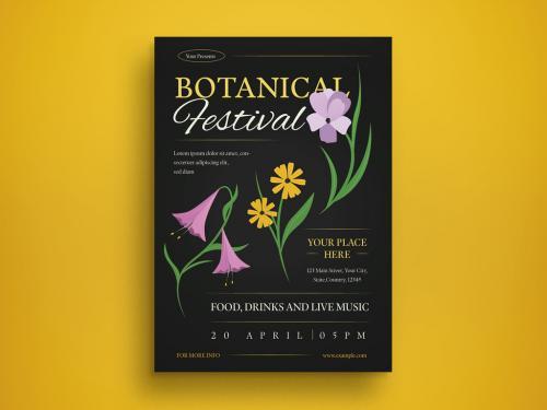 Black flat design botanical festival flyer vector
