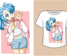 Cute girl blue hair with jacket t-shirt background vector