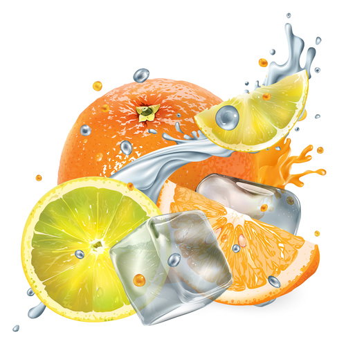 Fresh fruit with ice cubes and water pleats vector