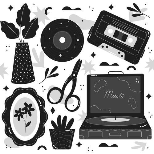 Objects and flowers painted colorless vector
