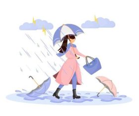 Rainy walking girl cartoon illustration vector