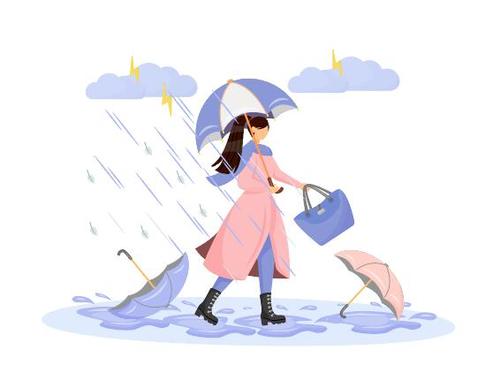 Rainy walking girl cartoon illustration vector