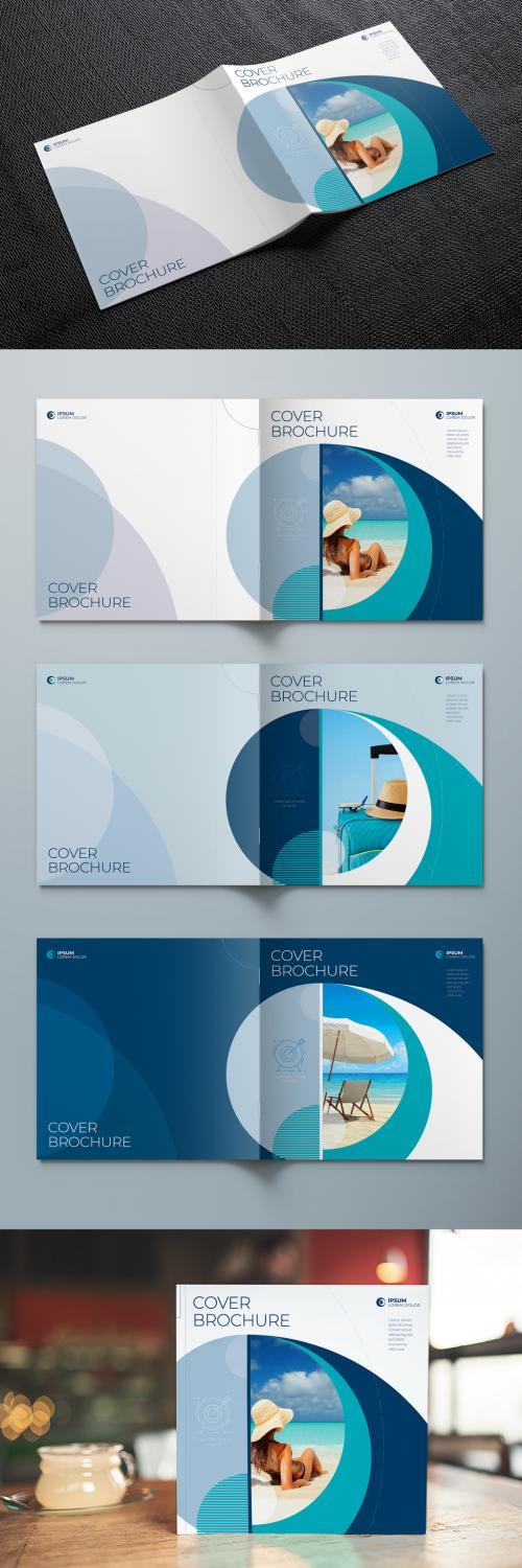 Square report cover layout set with blue dynamic elements vector
