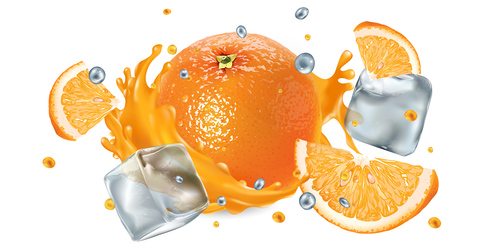 Tangerine with ice cubes and water pleats vector