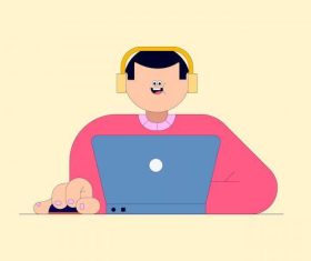 Young man working with laptop vector