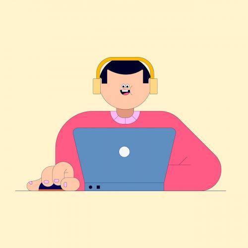 Young man working with laptop vector