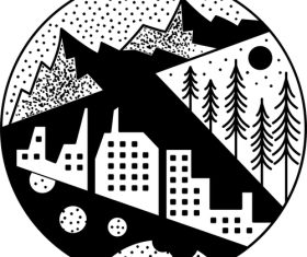 Black and white city and mountain forest vector