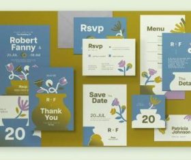 Blue gradient geometric floral wedding invitation vector
