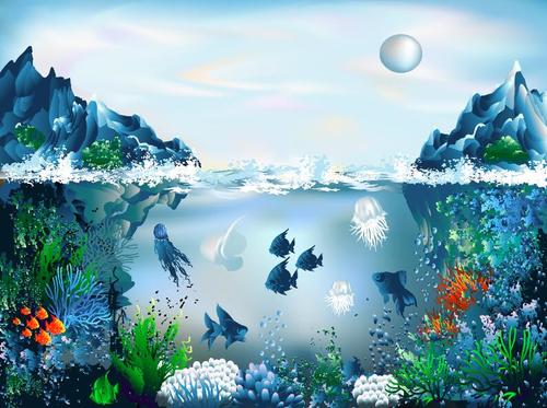 Ocean surface and underwater world vector