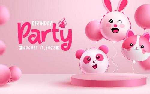 Pink animal balloon background birthday card vector