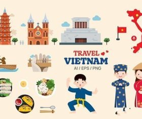 Travel vietnam map and landmarks symbols vector