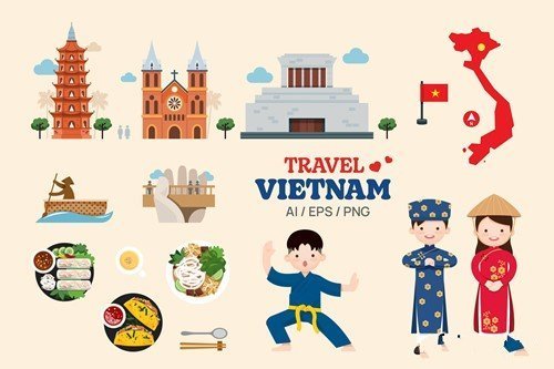 Travel vietnam map and landmarks symbols vector