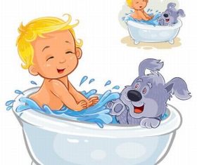 Baby and dog take a bath together vector