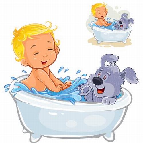 Baby and dog take a bath together vector