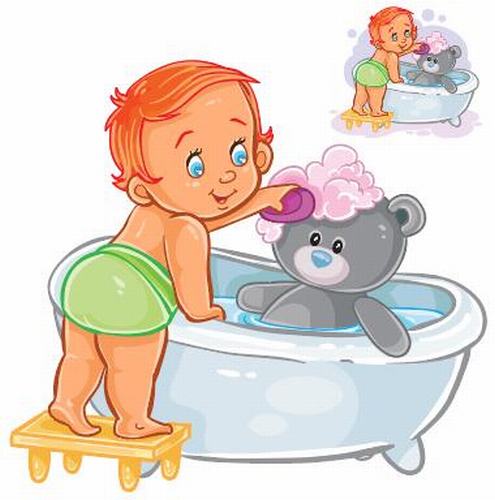 Baby helps teddy bear take shower vector