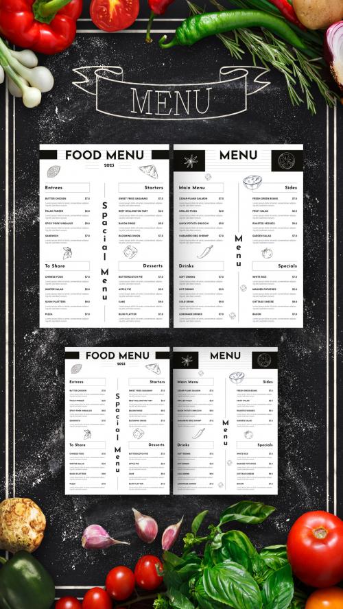 Black white food menu double side template vector
