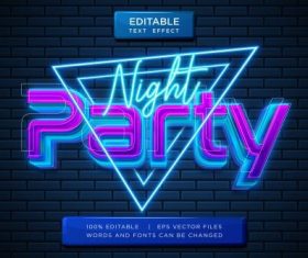 Night party neon editable text effect vector